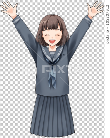 ばんざいをするセーラー服の女子学生 105207912