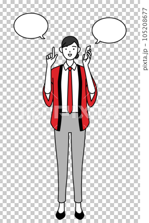 A saleswoman wearing a red happi coat pointing while making a phone call 105208677