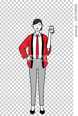 A saleswoman wearing a red happi coat using a smartphone at work A saleswoman wearing a red happi coat using a smartphone at work 105208680