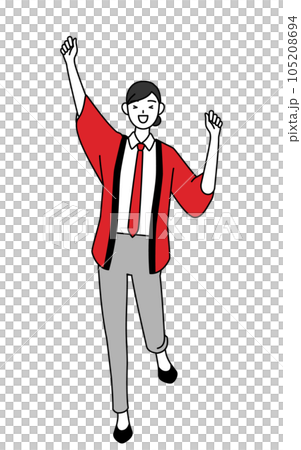 A saleswoman wearing a red happi coat jumping with a smile 105208694