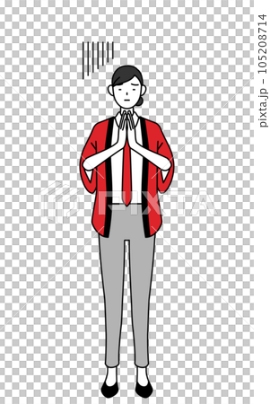 体の前で手を合わせて謝る赤い法被を着た販売員の女性 体の前で手を合わせて謝る赤い法被を着た販売員の女性 105208714