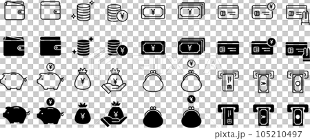 Money and wallet line drawing and silhouette icon set (circle) Money and wallet line drawing and silhouette icon set (circle) 105210497