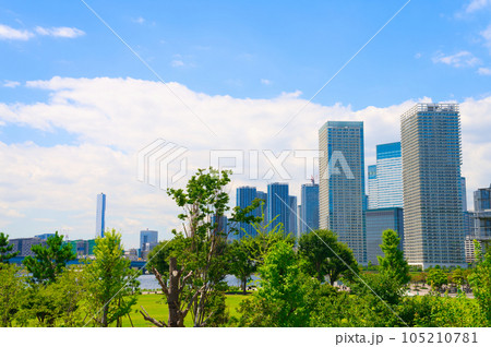 【東京都】8月・青空の豊洲公園と晴海の都市風景 【東京都】8月・青空の豊洲公園と晴海の都市風景 105210781