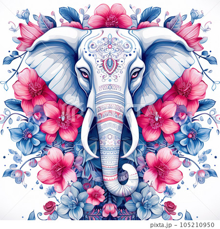 Image of pattern design using an elephant and flowers and leaves. Wildlife Animals. Illustration, Generative AI. Image of pattern design using an elephant and flowers and leaves. Wildlife Animals. Illustration, Generative AI. 105210950