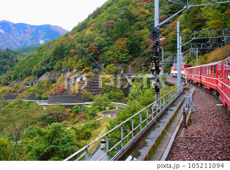 大井川鉄道の井川線、長島ダム駅を発車し、前方に急勾配区間 105211094