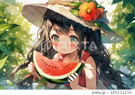 真夏に冷たいスイカを食べる女の子 105211219