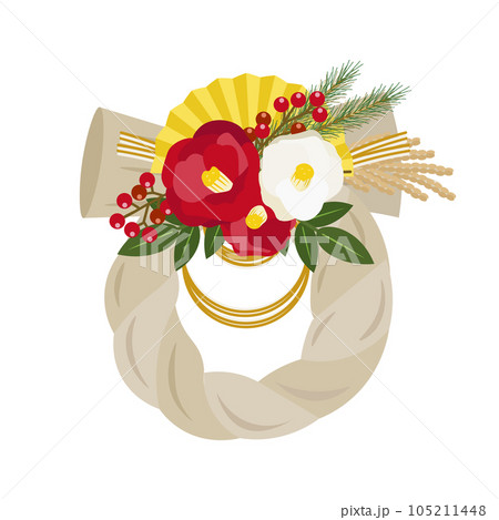 紅白の椿、南天、松、稲、金の扇子をあしらったしめ飾りのイラスト 紅白の椿、南天、松、稲、金の扇子をあしらったしめ飾りのイラスト 105211448