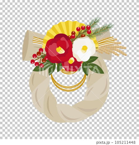紅白の椿、南天、松、稲、金の扇子をあしらったしめ飾りのイラスト 紅白の椿、南天、松、稲、金の扇子をあしらったしめ飾りのイラスト 105211448