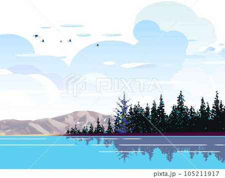 夏空に入道雲が広がる湖畔の風景 105211917