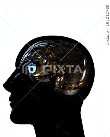 人の頭部の断面に浮かび上がる機械的な脳の抽象的なイラスト 人の頭部の断面に浮かび上がる機械的な脳の抽象的なイラスト 105212780