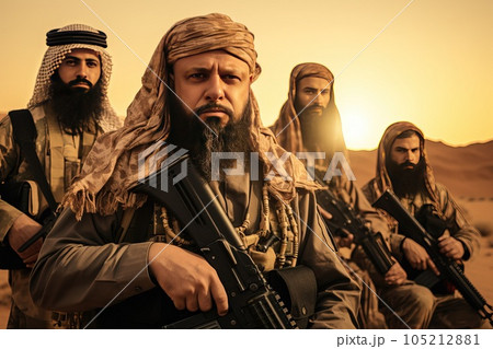 A group of Arab warriors with weapons. 105212881