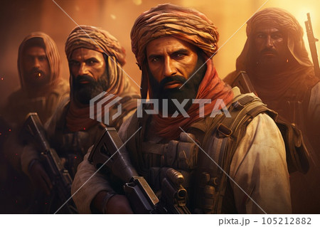 Group of Islamic warriors with weapons. Group of Islamic warriors with weapons. 105212882