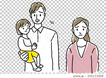 A simple line drawing illustration of a troubled couple and a child's family A simple line drawing illustration of a troubled couple and a child's family 105213089