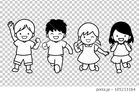 元気な子どもたち　イラスト　白黒 105213164