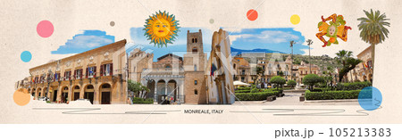 The contrmporary art collage or design about historic center of Monreale, near Palermo 105213383