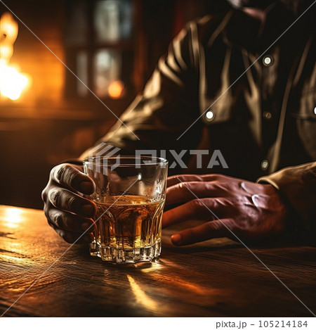 Close-up view of a male hands with a glass of whiskey. 105214184