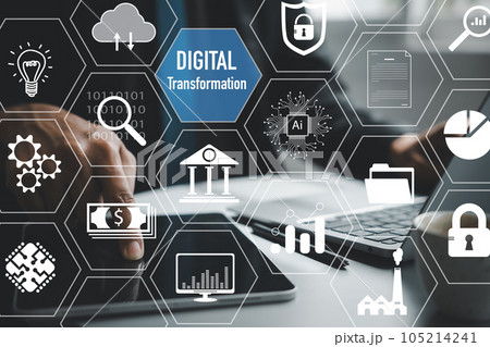 Transform your business with digital innovation. Finger scanning on a virtual screen for data and intelligence analysis. Network connection and cloud computing infrastructure in the background. Transform your business with digital innovation. Finger scanning on a virtual screen for data and intelligence analysis. Network connection and cloud computing infrastructure in the background. 105214241