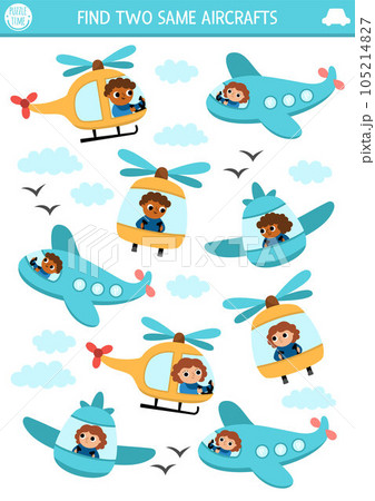 Find two same aircrafts. Transportation matching activity for children. Air transport educational quiz worksheet for kids for attention skills. Simple printable game with cute plane, helicopter 105214827