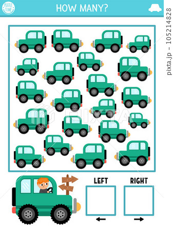 Transportation logic game with right and left concept for kids. I spy searching, counting activity with car. Transport printable space orientation worksheet for preschool children. Simple spotting 105214828