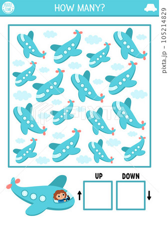 Transportation logic game with up and down concept for kids. I spy searching, counting activity with plane. Transport printable space orientation worksheet. Simple spotting puzzle 105214829