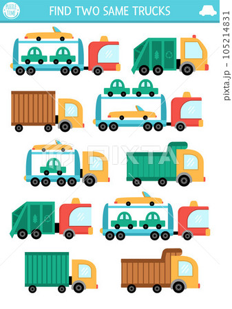 Find two same trucks. Transportation matching activity for children. City transport educational quiz worksheet for kids for attention skills. Simple printable game with cute lorries 105214831