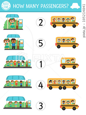 Match the numbers transportation game with school bus. City transport math activity for preschool kids. Educational counting worksheet with cute bus station, pupils. How many passengers Match the numbers transportation game with school bus. City transport math activity for preschool kids. Educational counting worksheet with cute bus station, pupils. How many passengers 105214841