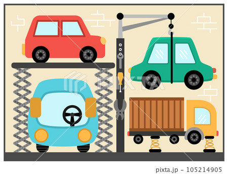 Car service vector illustration for kids. Vehicle repair scene with cute bus and truck. Workshop with transport and instruments, tools. Garage with transportation standing on lift jacks Car service vector illustration for kids. Vehicle repair scene with cute bus and truck. Workshop with transport and instruments, tools. Garage with transportation standing on lift jacks 105214905