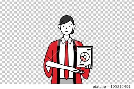 Image of DX, a saleswoman wearing a red happi coat using digital technology to improve business 105215491