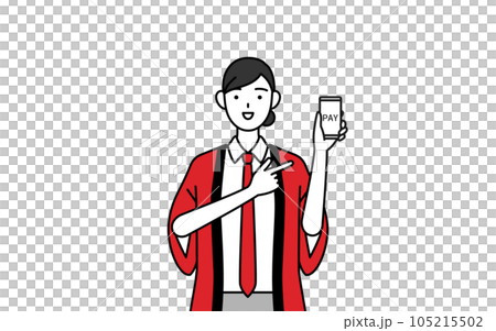 A saleswoman wearing a red happi coat recommending cashless and online payment with a smartphone A saleswoman wearing a red happi coat recommending cashless and online payment with a smartphone 105215502