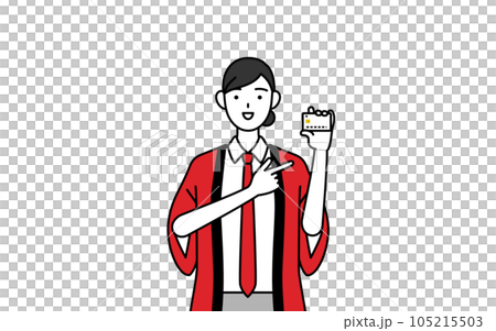 A saleswoman wearing a red happi coat recommending credit card payment 105215503