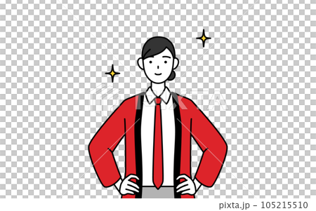 A saleswoman wearing a red happi coat with her hands on her hips A saleswoman wearing a red happi coat with her hands on her hips 105215510