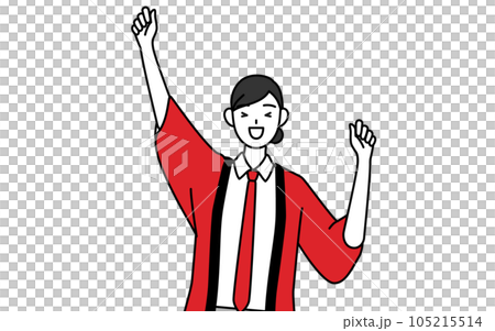 A saleswoman wearing a red happi coat jumping with a smile 105215514