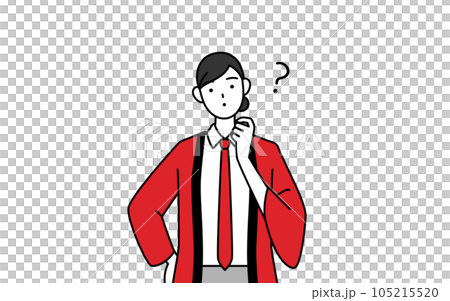 A saleswoman wearing a red happi coat tilting her head in doubt A saleswoman wearing a red happi coat tilting her head in doubt 105215520