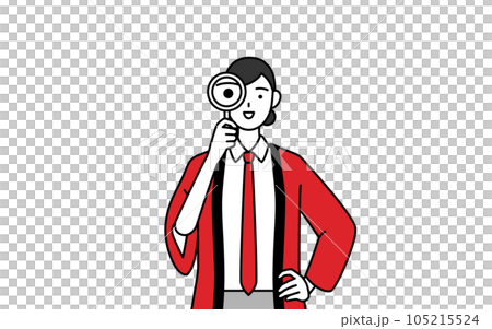 A saleswoman wearing a red happi coat looking through a magnifying glass 105215524