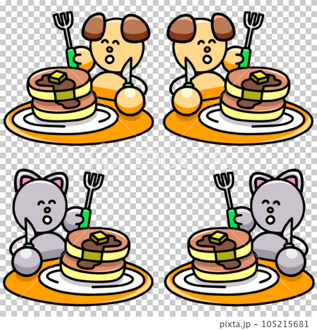パンケーキを食べるわんまるとにゃんまるのイラストセット　犬　猫 105215681