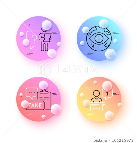 Cyber attack, Podium and Fake document minimal line icons. 3d spheres or balls buttons. Search employee icons. For web, application, printing. Web phishing, Conference stage, Wrong truth. Vector 105215975