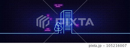 Neon light glow effect. Buildings line icon. City architecture with tree sign. Skyscraper building symbol. 3d line neon glow icon. Brick wall banner. Buildings outline. Vector Neon light glow effect. Buildings line icon. City architecture with tree sign. Skyscraper building symbol. 3d line neon glow icon. Brick wall banner. Buildings outline. Vector 105216007