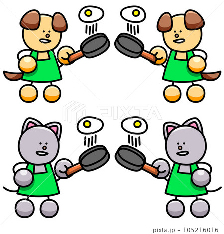 目玉焼きを料理するわんまるとにゃんまるのイラストセット　犬　猫 105216016