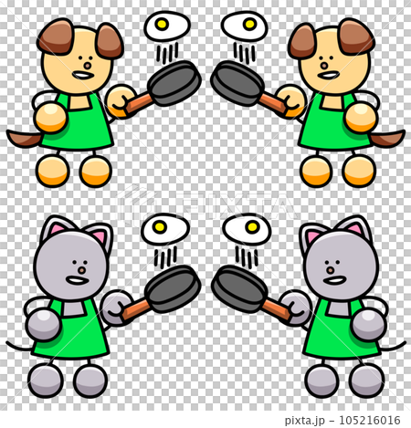 目玉焼きを料理するわんまるとにゃんまるのイラストセット　犬　猫 105216016