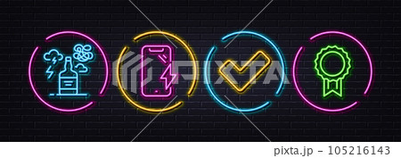 Alcohol addiction, Smartphone charging and Tick minimal line icons. Neon laser 3d lights. Reward icons. For web, application, printing. Confused mind, Phone battery, Confirm check. Best medal. Vector 105216143