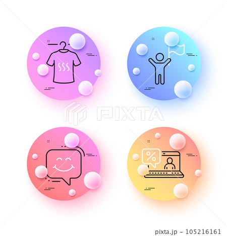 Dry t-shirt, Leadership and Online loan minimal line icons. 3d spheres or balls buttons. Smile chat icons. For web, application, printing. Laundry shirt, Winner flag, Discount percent. Vector Dry t-shirt, Leadership and Online loan minimal line icons. 3d spheres or balls buttons. Smile chat icons. For web, application, printing. Laundry shirt, Winner flag, Discount percent. Vector 105216161