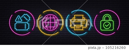 Globe, Printer and Tickets minimal line icons. Neon laser 3d lights. Security lock icons. For web, application, printing. Internet world, Printing device, Admission entrance. Cyber protection. Vector Globe, Printer and Tickets minimal line icons. Neon laser 3d lights. Security lock icons. For web, application, printing. Internet world, Printing device, Admission entrance. Cyber protection. Vector 105216260