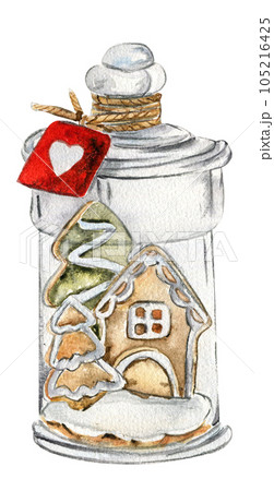 Glass bottle with gingerbread house inside. Watercolor hand drawn illustartion. New Year's card, perfect for wedding, invitations, blogs, card templates, birthday , patterns, quotes. 105216425