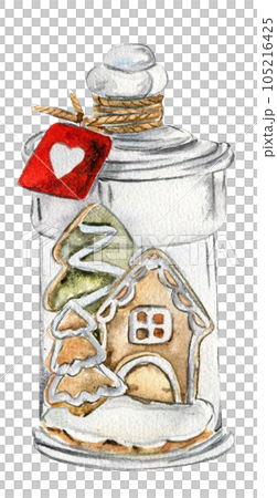 Glass bottle with gingerbread house inside. Watercolor hand drawn illustartion. New Year's card, perfect for wedding, invitations, blogs, card templates, birthday , patterns, quotes. 105216425