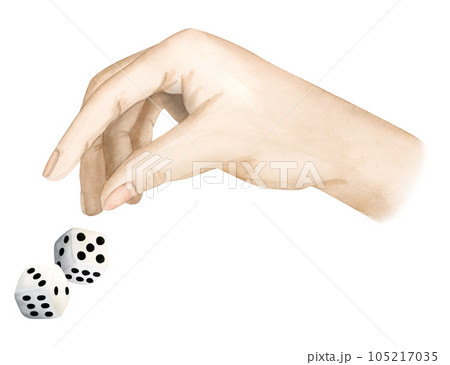 Watercolor hand throwing game dice cubes illustration isolated on white background for gambling and board games designs Watercolor hand throwing game dice cubes illustration isolated on white background for gambling and board games designs 105217035