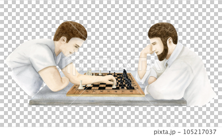 Chess players sitting at the table playing chess, making move and thinking watercolor illustration isolated on white background. Hand drawn board game tournament template 105217037