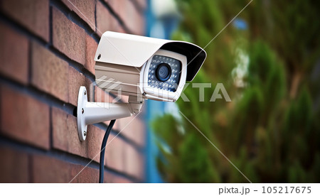 CCTV security camera system being used for surveillance purposes placed on a brick wall with copy space, safety at home. security camera CCTV security camera system being used for surveillance purposes placed on a brick wall with copy space, safety at home. security camera 105217675