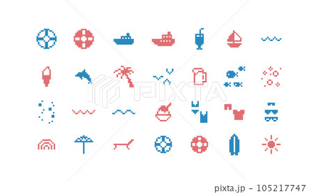 ドット絵　夏のかわいい装飾イラストセット　海　夏休み　ビーチ　ピクセル 105217747