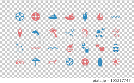 ドット絵　夏のかわいい装飾イラストセット　海　夏休み　ビーチ　ピクセル 105217747