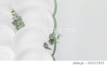 Clean, empty white dishes with eucalyptus twigs on blue background with copy space. Eco friendly washing dishes and cleaning. Dishes, porcelain background. Flat lay 105217925